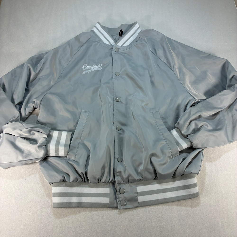 EvoShield Silver Satin Bomber Jacket Medium M Grey Varsity Striped Snap Coat